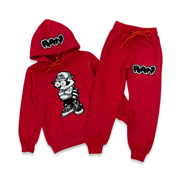 Rawyalty Kids Cash Addicted RAW Drip Red Chenille Hoodie And Jogger Set