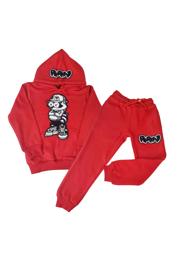 Rawyalty Kids Cash Addicted RAW Drip Red Chenille Hoodie And Jogger Set