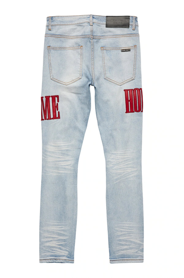 HOMME FEMME LETTERMAN DENIM BLUE WITH RED LETTERS