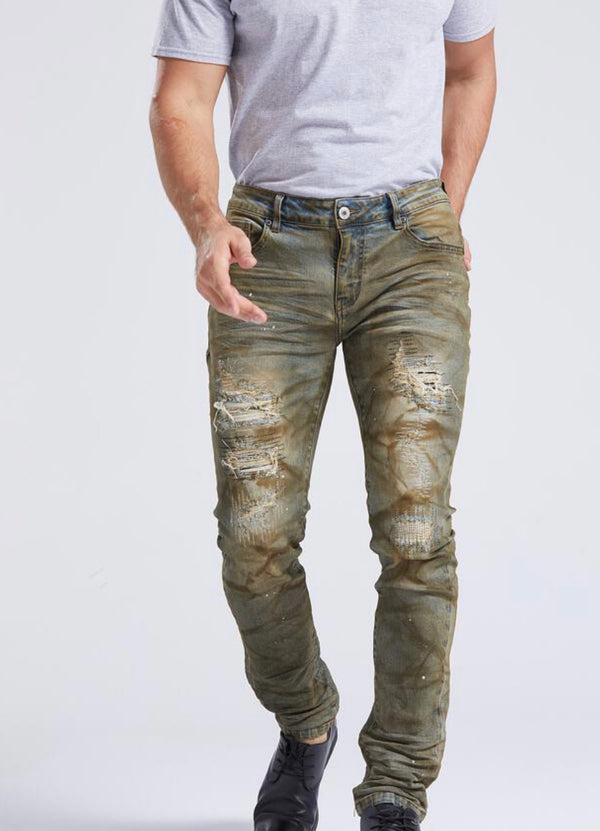 FOREIGN LOCAL(SLIME SKINNY OLIVE ENZYME WASH RIPS AND REPAIR JEAN