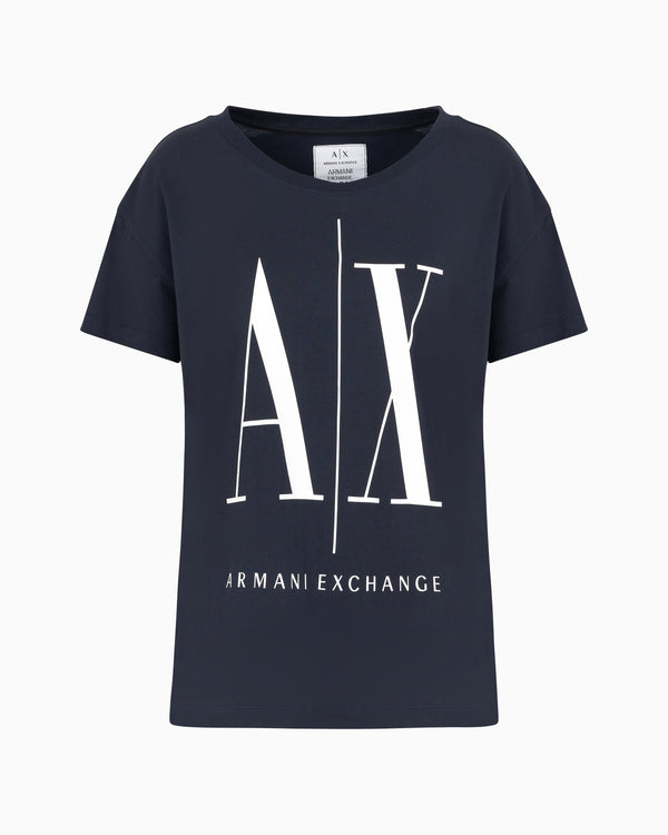 Armani Exchange women Navy White RELAXED FIT T-SHIRT WITH ROUND NECK AND LOGO