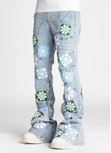 GUAPI STACKED AQUA BLUE FLOWERS DENIM