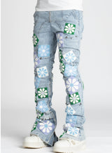 GUAPI STACKED AQUA BLUE FLOWERS DENIM