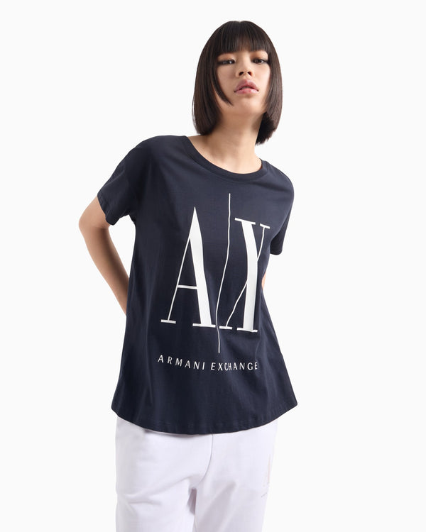 Armani Exchange women Navy White RELAXED FIT T-SHIRT WITH ROUND NECK AND LOGO