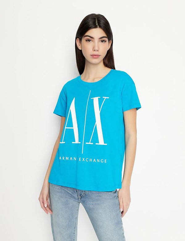 Armani Exchange women blue white RELAXED FIT T-SHIRT WITH ROUND NECK AND LOGO