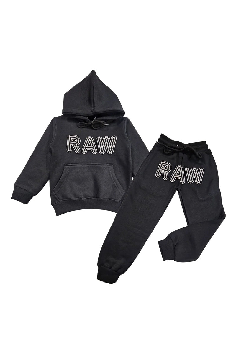 Rawyalty Kids 001 RAW Black/White 3D Embroidery Hoodie And Jogger Set