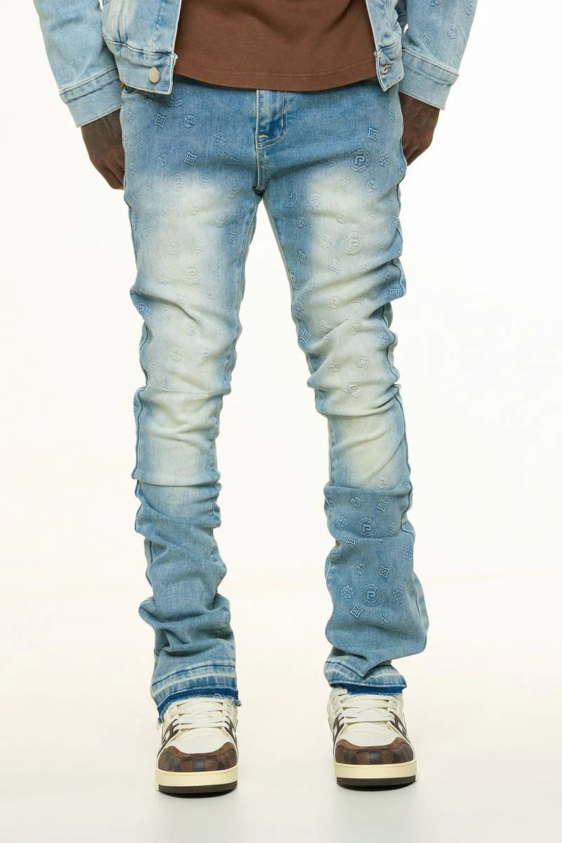 PHEELINGS "NEW EMOTIONS" EMBOSSED FLARE STACK DENIM (LIGHT BLUE STONE WASH)