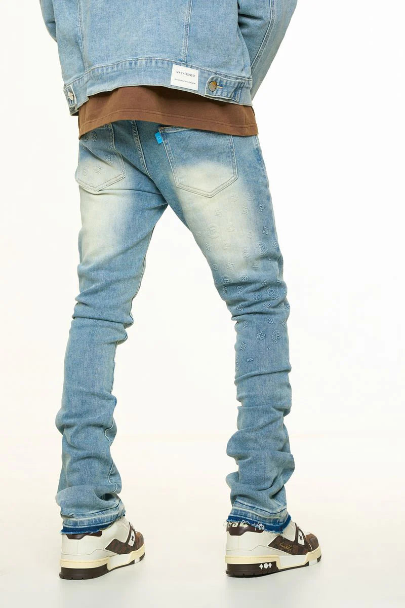 PHEELINGS "NEW EMOTIONS" EMBOSSED FLARE STACK DENIM (LIGHT BLUE STONE WASH)