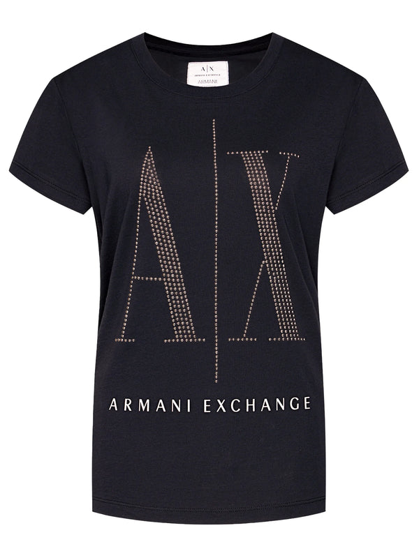 armani exchange women navy silver stud large logo tshirts