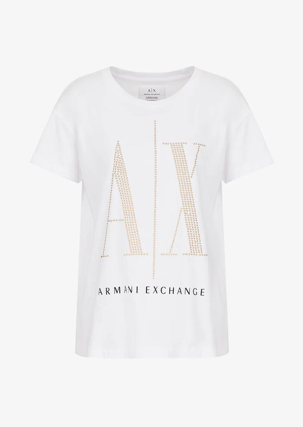 armani exchange women white gold studs large logo tshirts