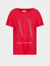 armani exchange women red silver stud large logo tshirts