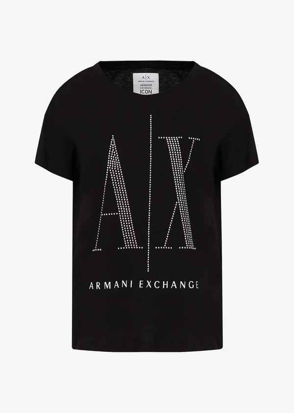 armani exchange women black silver studs large logo tshirts