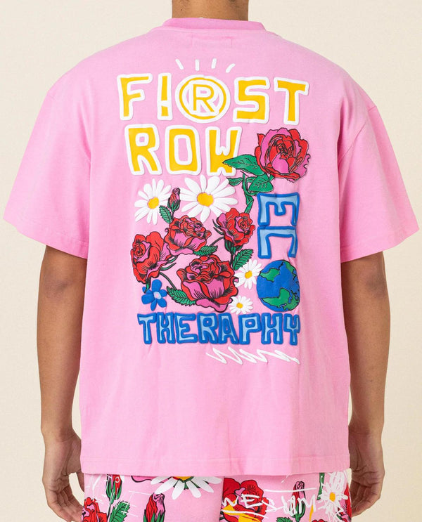 FIRST ROW CHEST ROSE EMB & GRAPHIC PUFF PRINT TEE PINK