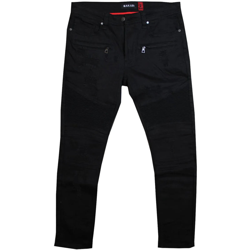 Makobi M1786 MAKOBI PRADO BIKER JEANS WITH RIP & REPAIR - BLACK/BLACK