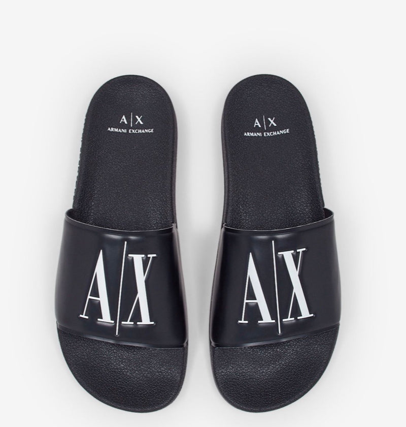 Armani exchange icon logo single  strap slides Sandals  (black)