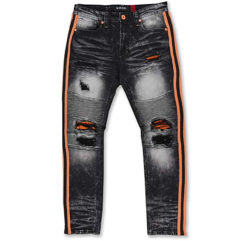 Makobi M1986 OZARKS SHREDDED JEANS W/ SIDE TAPES - BLACK/PEACH