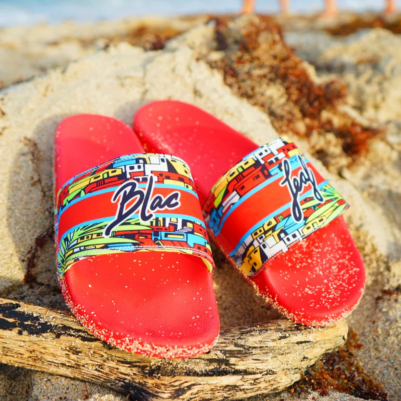 BLAC LEAF TROPICAL PARADISE SLIDES SANDALS (RED)