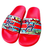 BLAC LEAF TROPICAL PARADISE SLIDES SANDALS (RED)