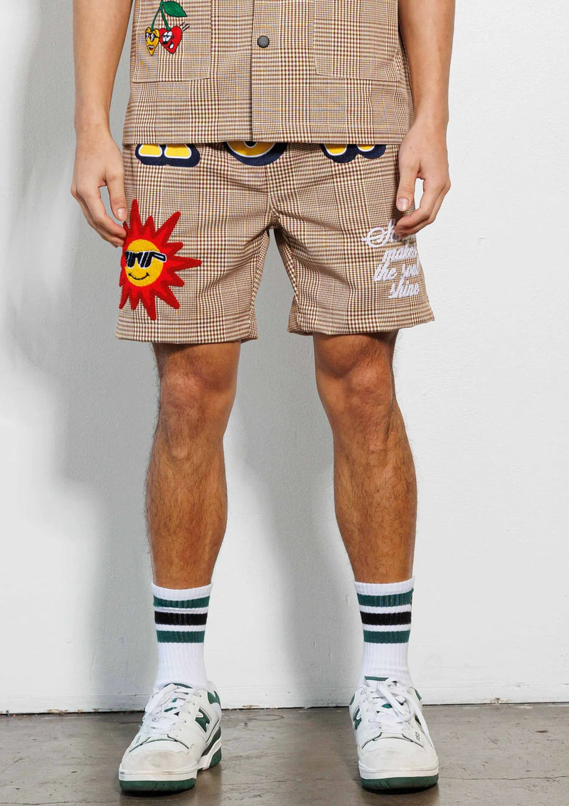 First row GLEN CHECK MULTI PATCH WOVEN SHORTS