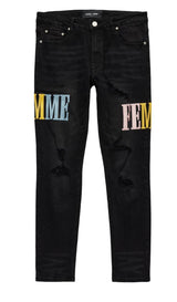 HOMME FEMME Letterman Denim Black Baby Blue Pink & Yellow (HFSP202111)