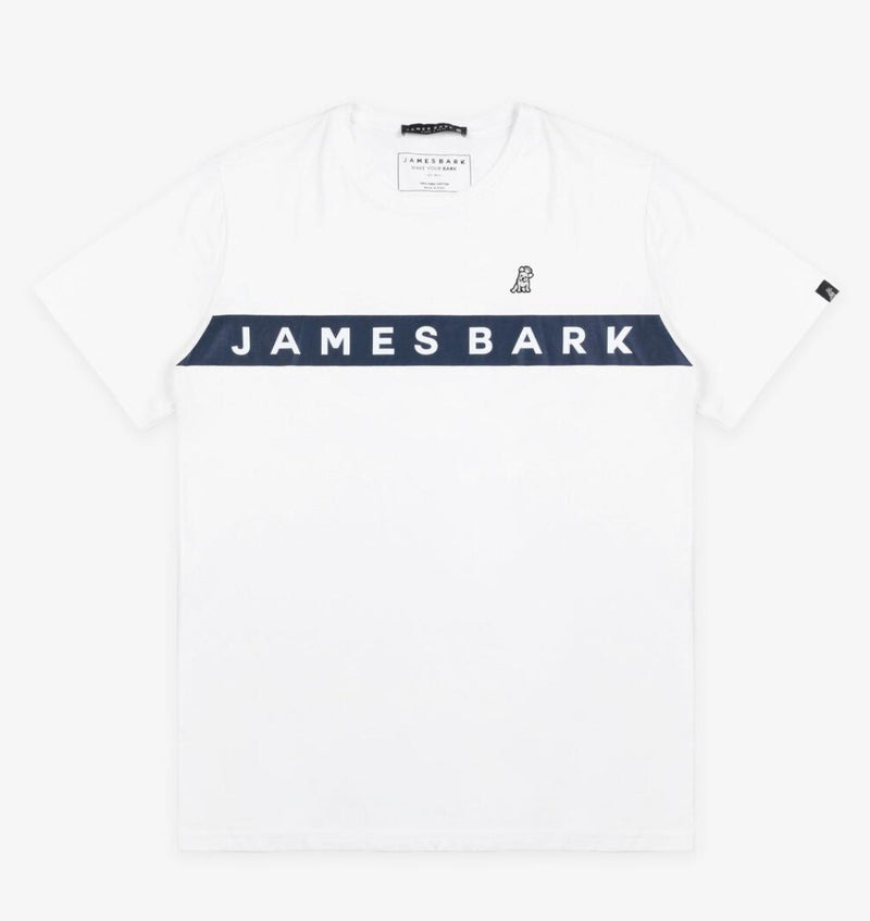 JAMES BARK Men's White Logo Stripe Jersey T-Shirt