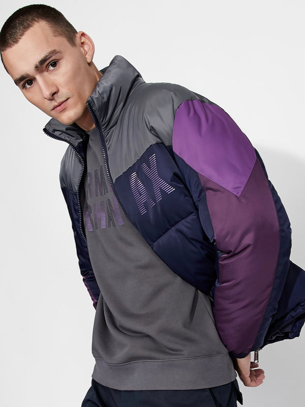 ARMANI EXCHANGE IRIDESCENT PACKABLE PUFFER DOWN JACKET PURPLE/NAVY