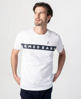 JAMES BARK Men's White Logo Stripe Jersey T-Shirt