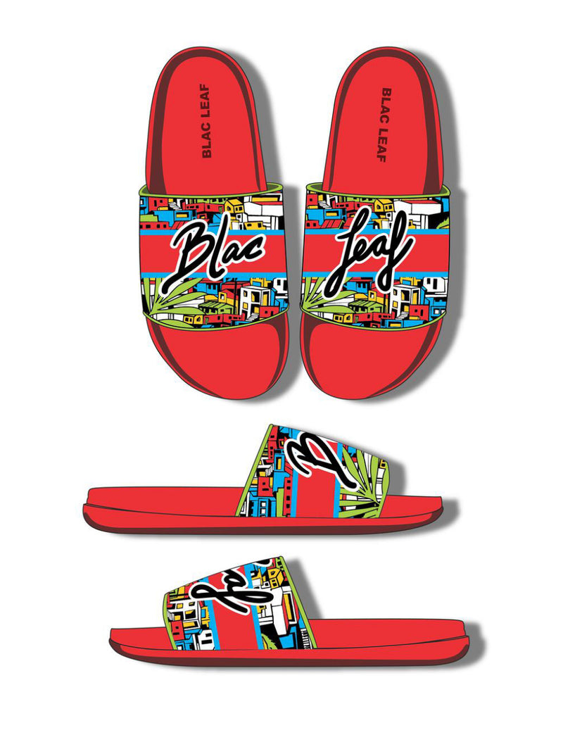 BLAC LEAF TROPICAL PARADISE SLIDES SANDALS (RED)