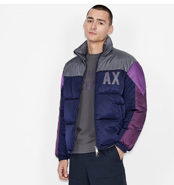 ARMANI EXCHANGE IRIDESCENT PACKABLE PUFFER DOWN JACKET PURPLE/NAVY