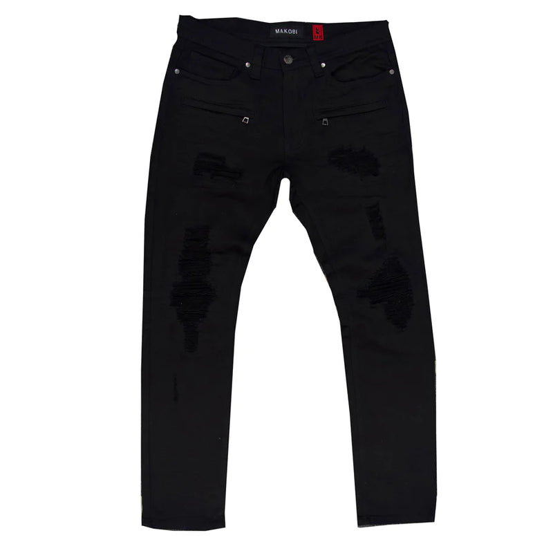 Makobi M1771 MAKOBI PETANI SHREDDED JEANS WITH BLEACH SPOTS - BLACK/BLACK