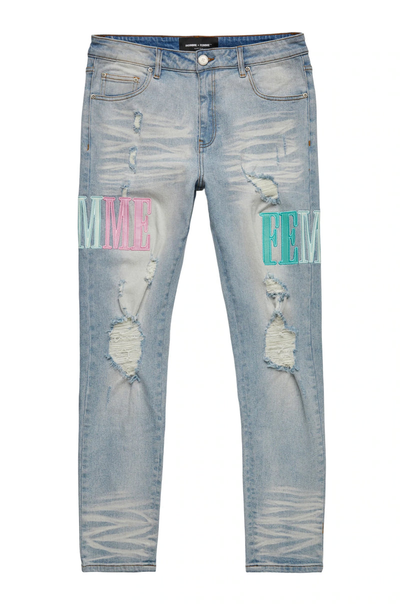 HOMME FEMME Letterman Denim Blue with Blue and Pink