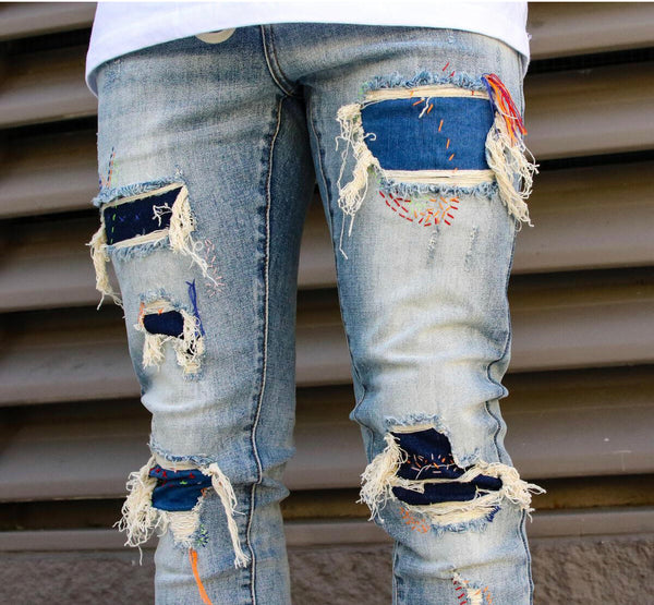 Thrt denim blue Orange stitches on patches skinny Jeans
