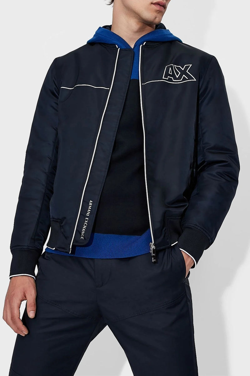 ARMANI EXCHANGE SATIN NYLON TWILL BOMBER JACKET NAVY/BLUE