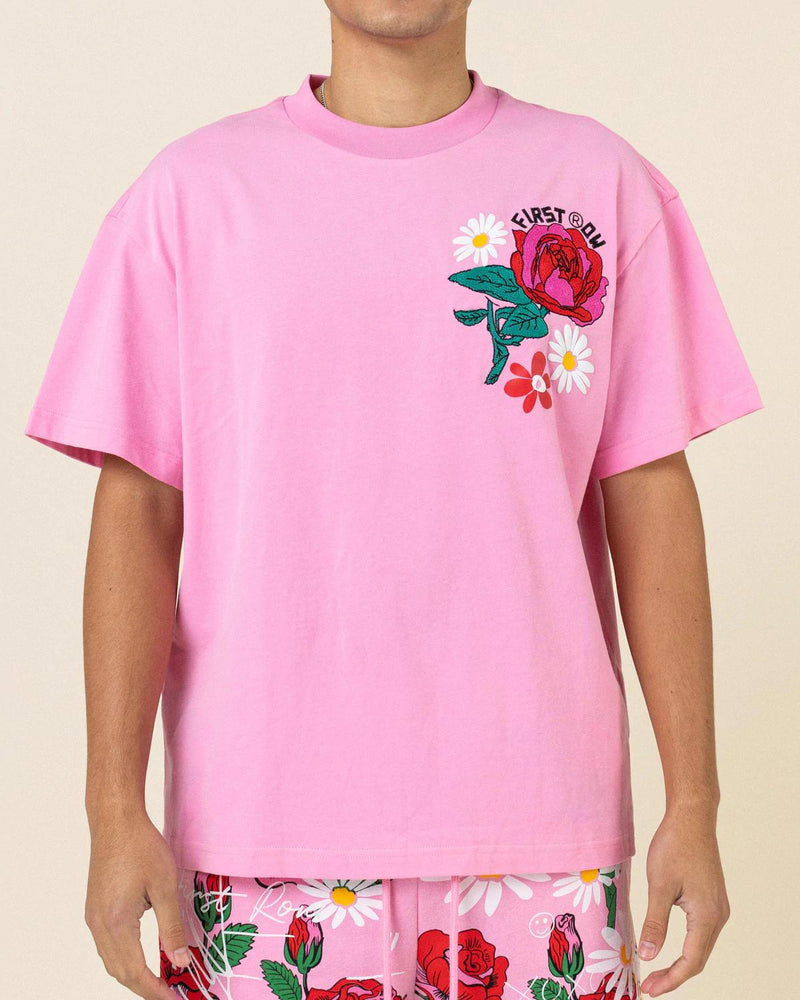 FIRST ROW CHEST ROSE EMB & GRAPHIC PUFF PRINT TEE PINK